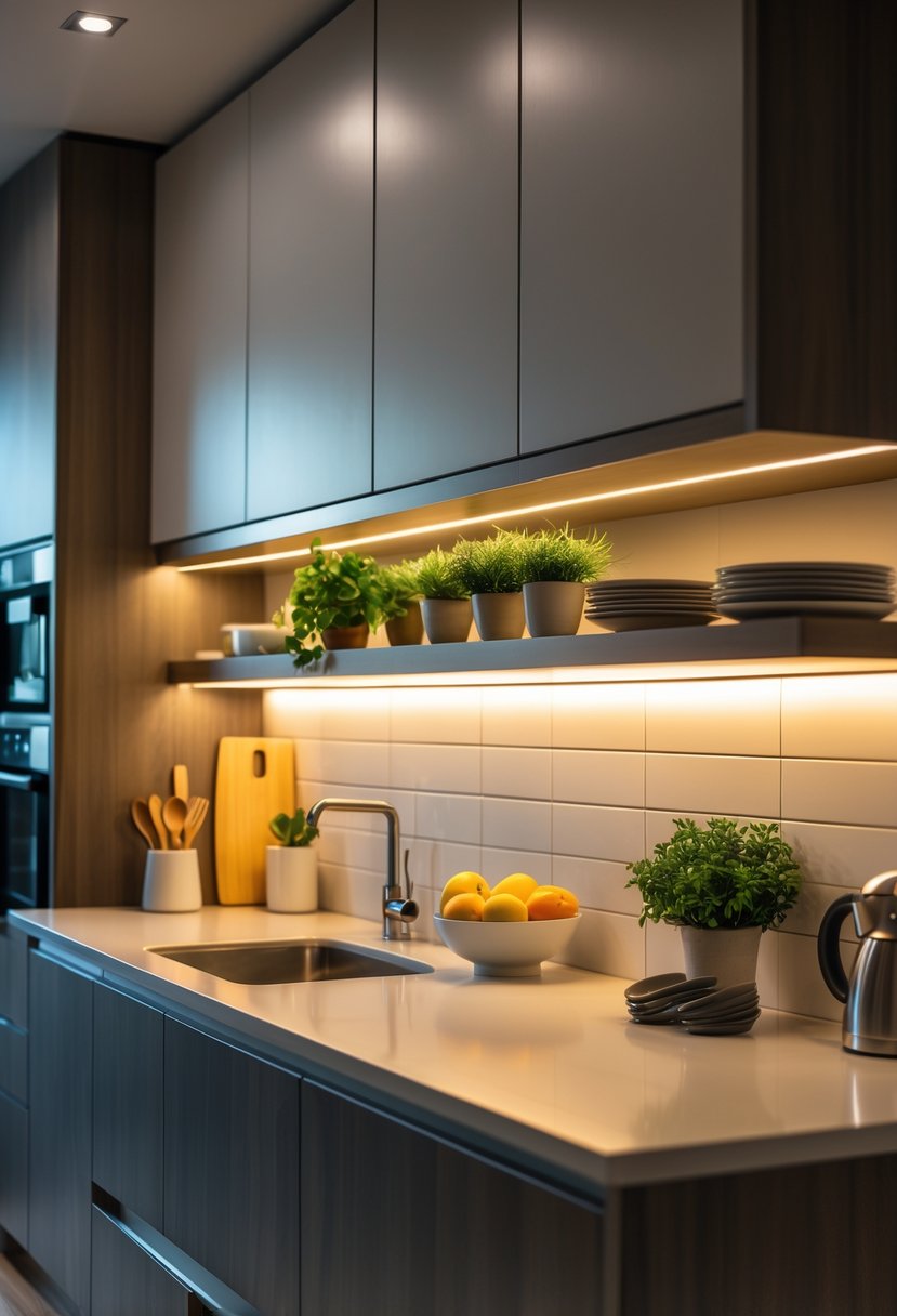 A modern kitchen countertop illuminated by warm under-cabinet lighting with kitchen items like a plant, fruit bowl, and utensils arranged neatly.