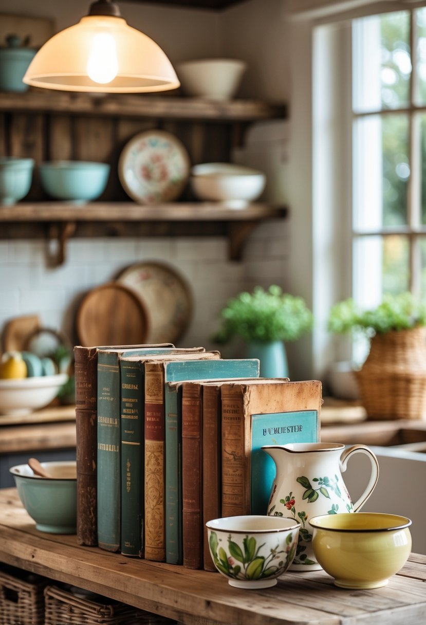 A kitchen shelf displaying vintage cookbooks and hand-painted ceramic bowls and pitchers, with a cozy countertop and decorative items nearby.