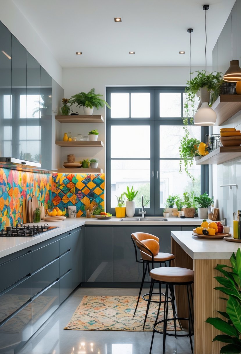 A bright kitchen interior with various decorative elements including plants, unique lighting, patterned backsplash, and kitchen accessories arranged on shelves and countertops.