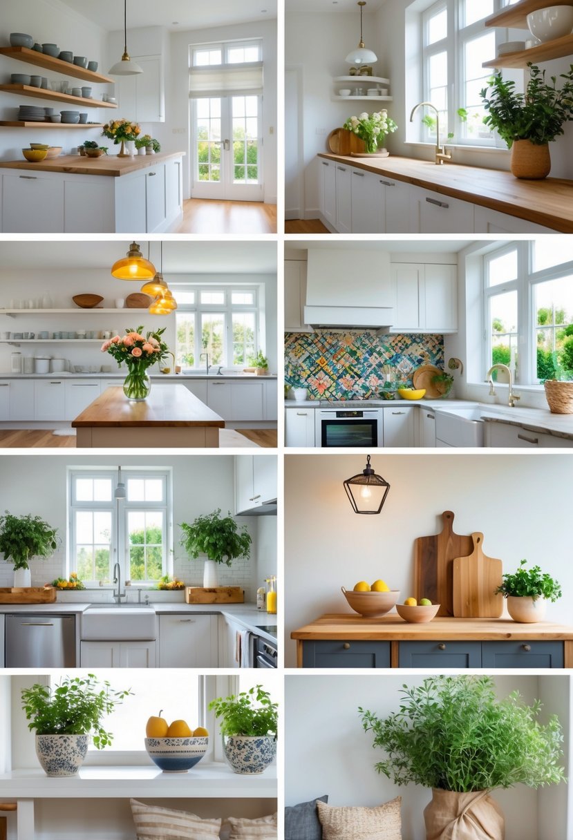 A modern kitchen interior displaying various decoration ideas including open shelves, flowers, pendant lights, patterned backsplash, potted herbs, wooden cutting boards, fruit bowls, and a cozy seating area.