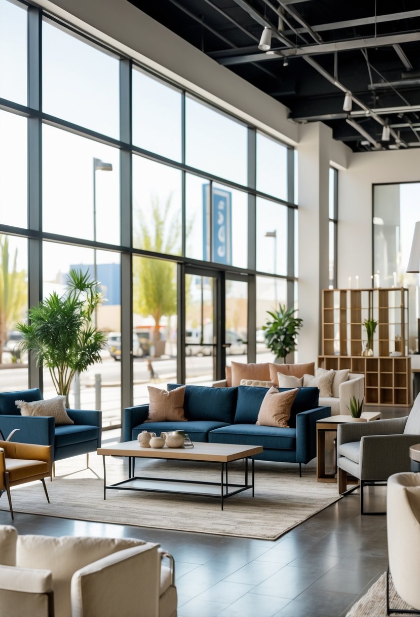 Interior of a spacious furniture store with sofas, chairs, and tables displayed under natural light with a city skyline visible through large windows.