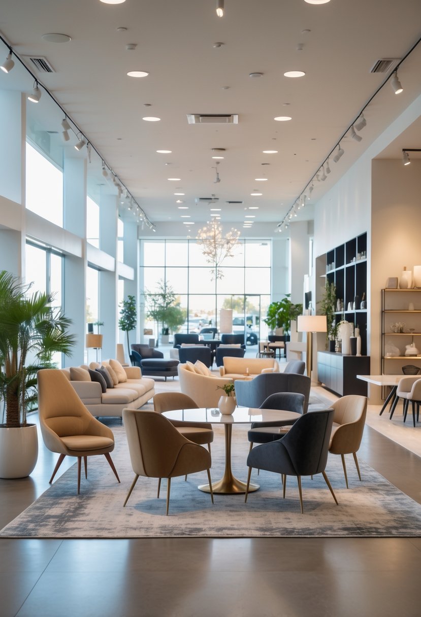 Interior of a bright, spacious furniture store with modern sofas, dining tables, chairs, and decorative items arranged neatly.