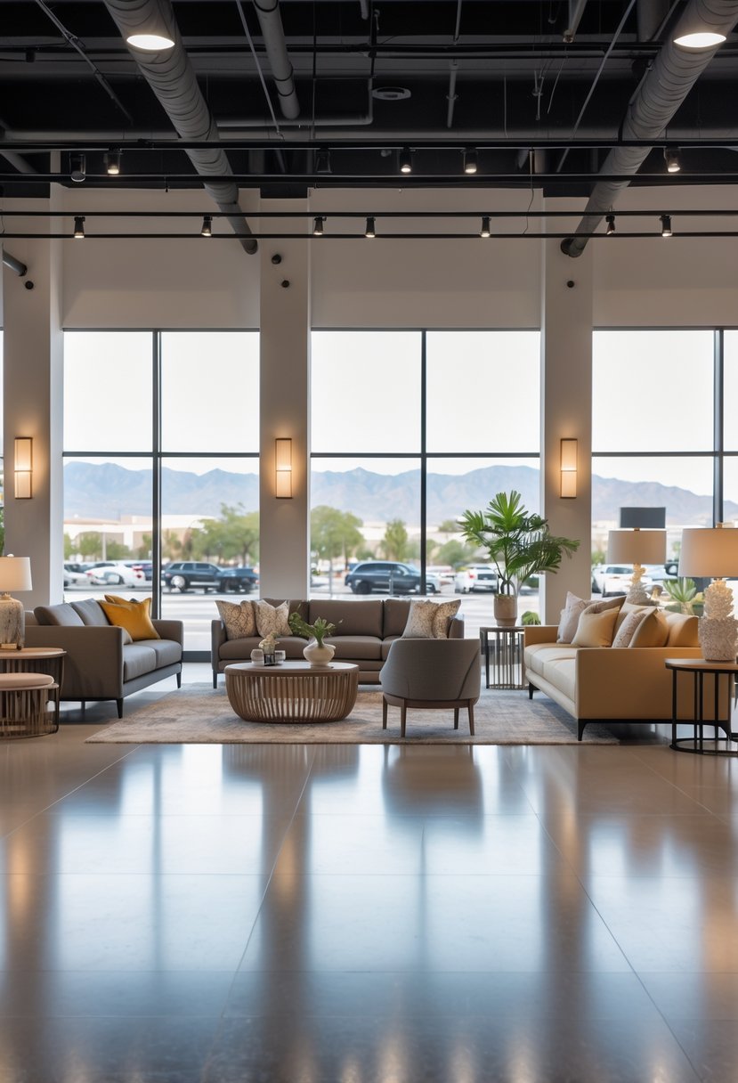 A bright and spacious furniture showroom with sofas, tables, and chairs, featuring large windows with a view of the Las Vegas skyline.