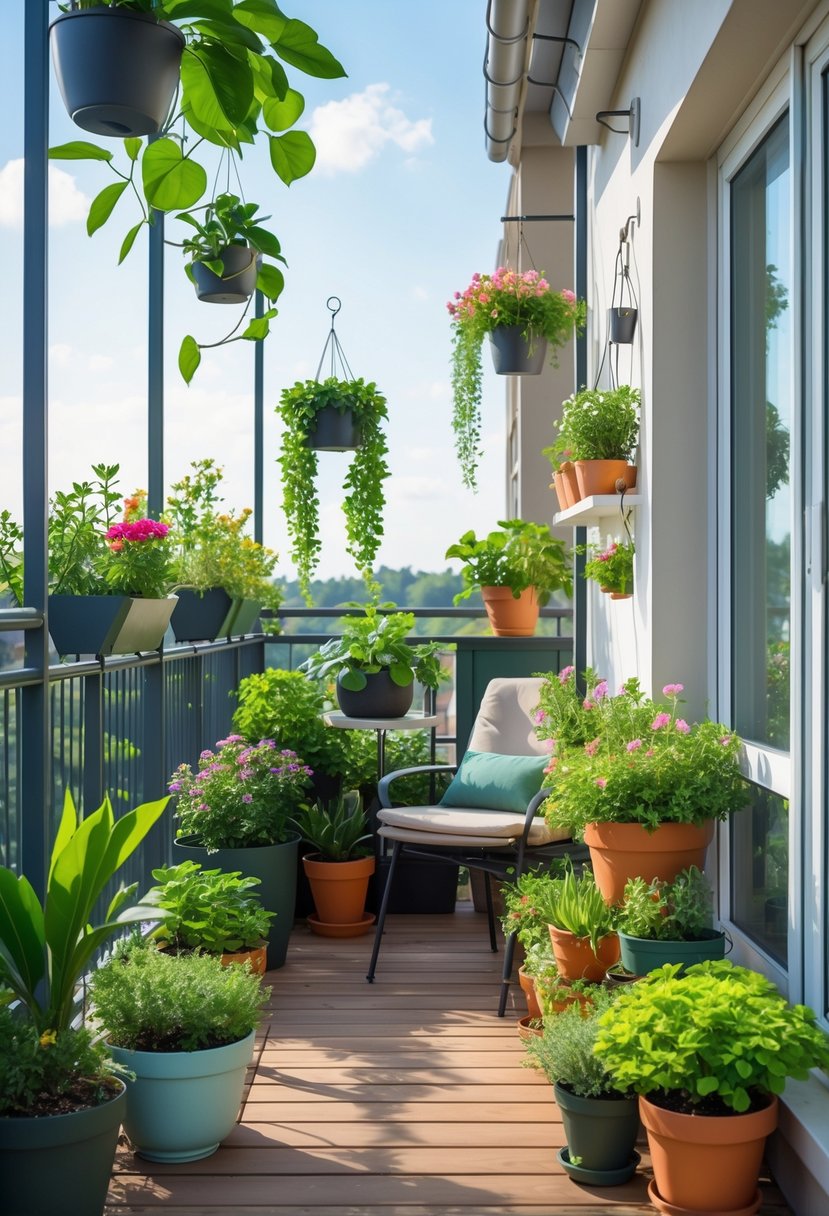 A balcony filled with various potted plants, including hanging and flowering plants, with a chair and small table creating a cozy outdoor space.