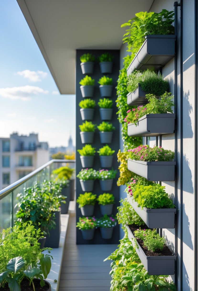 A balcony with vertical planters filled with green plants and flowers, maximizing space with hanging pots and tiered arrangements.