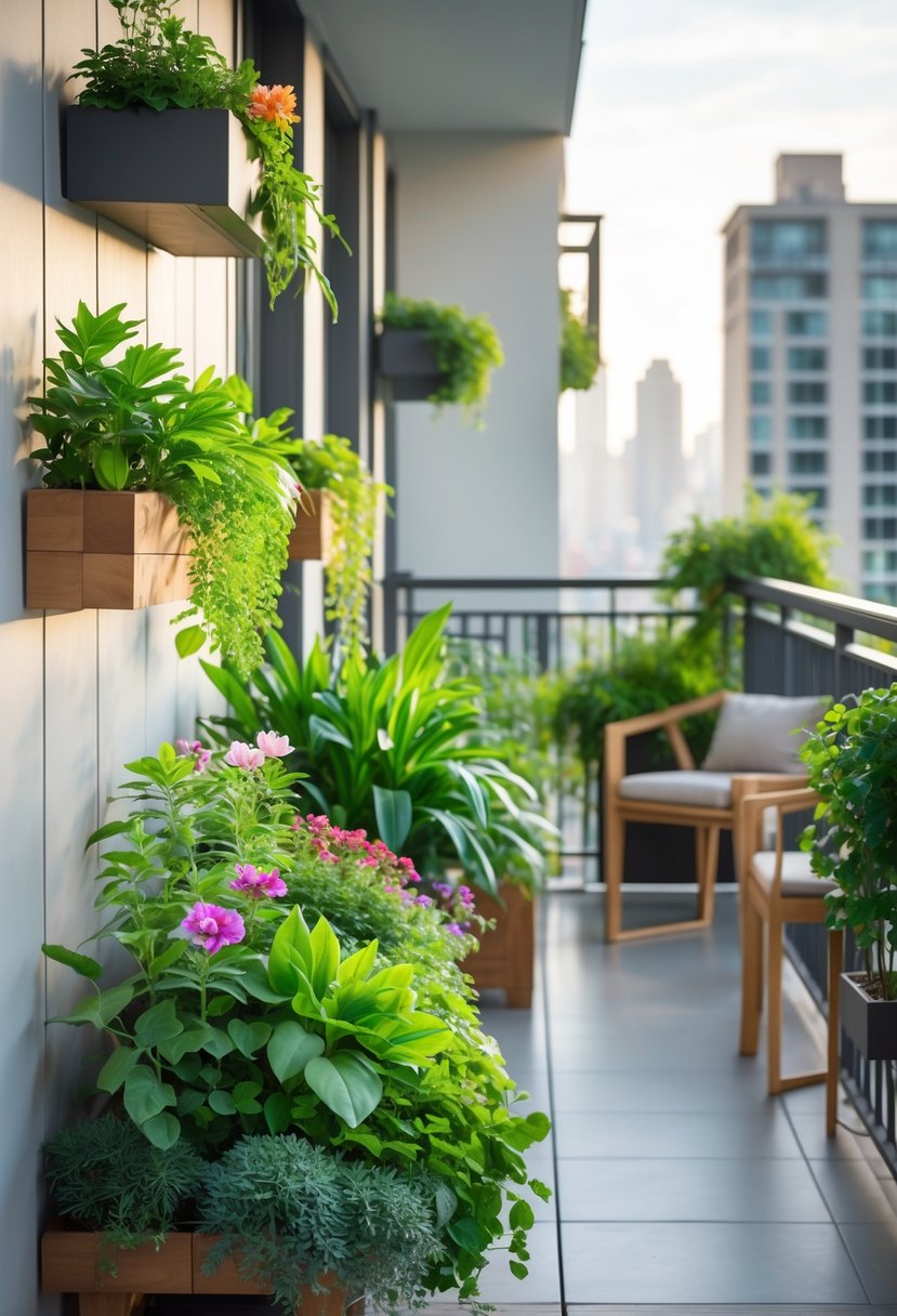 A balcony with railing planters filled with green plants and flowers overlooking a city view.