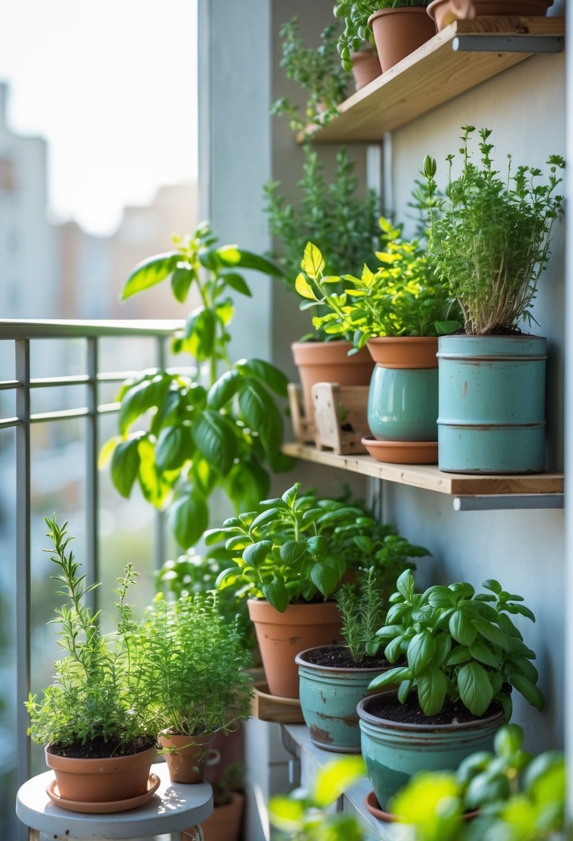 A small balcony with various containers holding green herbs arranged neatly to create a mini herb garden.