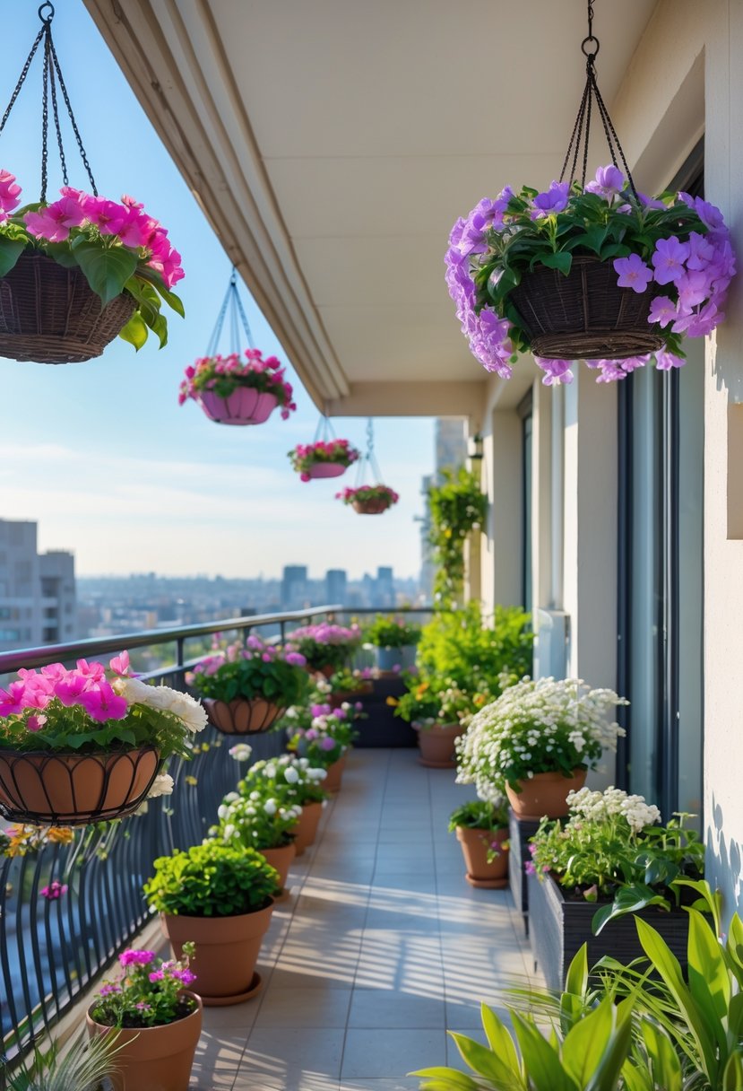 A balcony with several hanging flower baskets and potted plants, overlooking a cityscape under a clear sky.
