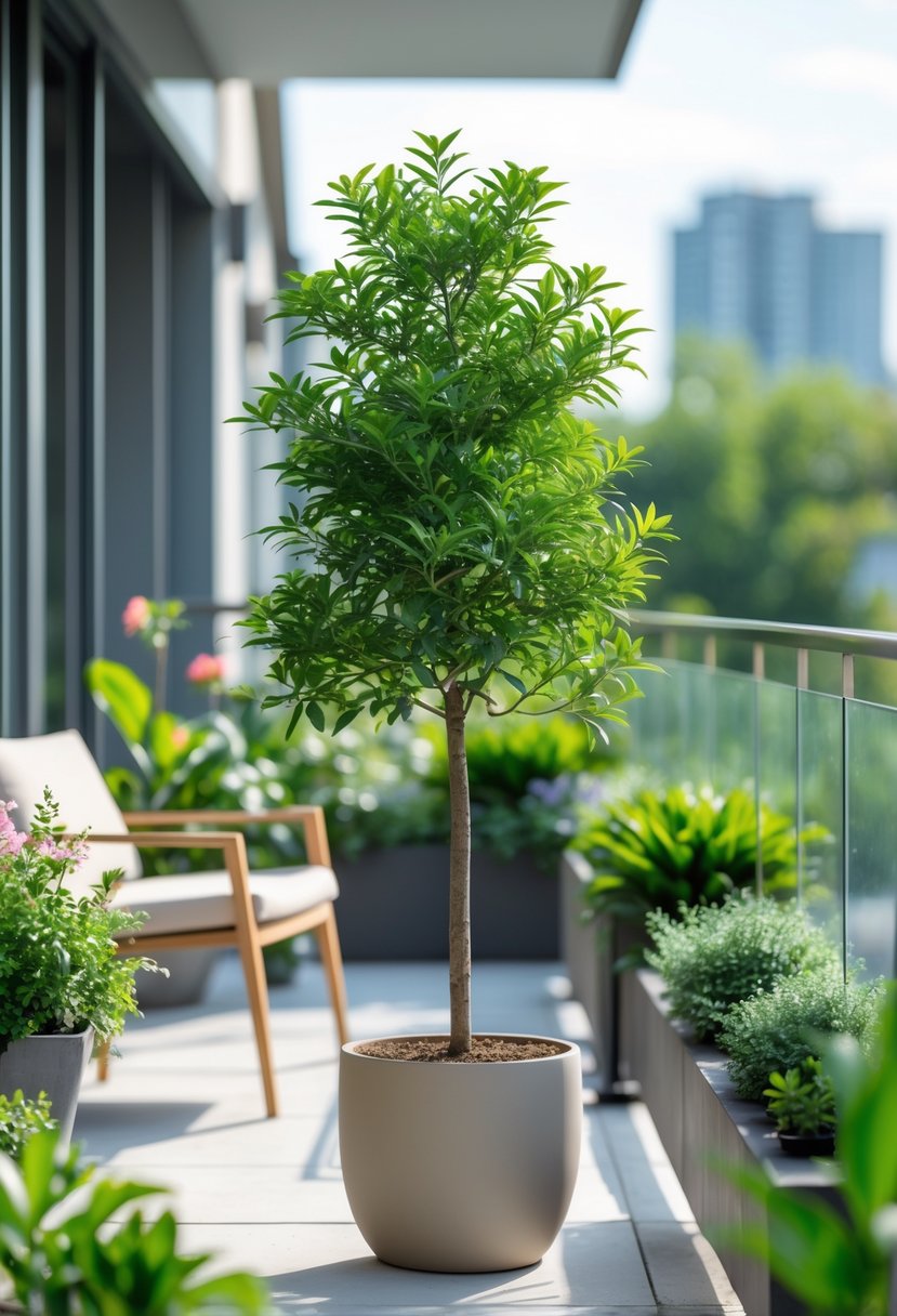 A small potted tree on a balcony surrounded by various green plants and outdoor furniture.