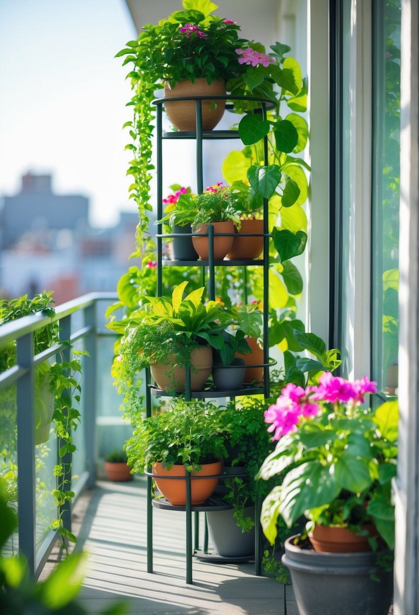 A balcony with several multi-tiered plant stands holding various green plants and colorful flowers in pots.
