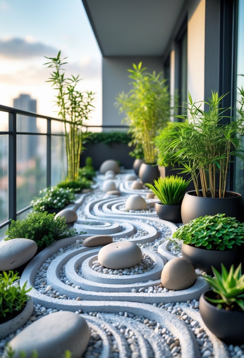 A peaceful balcony Zen garden with raked gravel, smooth stones, and green potted plants.