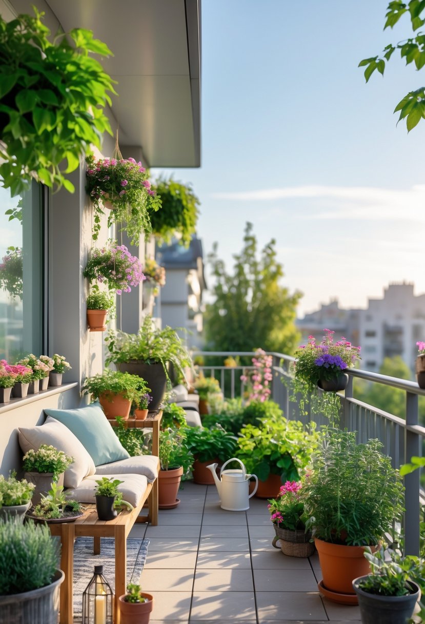 A balcony filled with various green plants and flowers, outdoor seating, and gardening tools under sunlight.