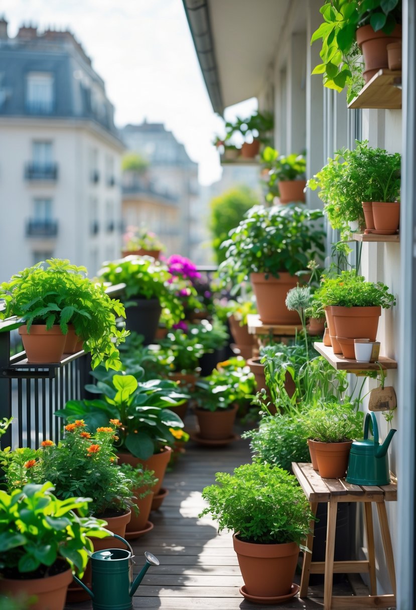 A balcony with various healthy plants in pots, a small wooden table with gardening tools, and an urban background.