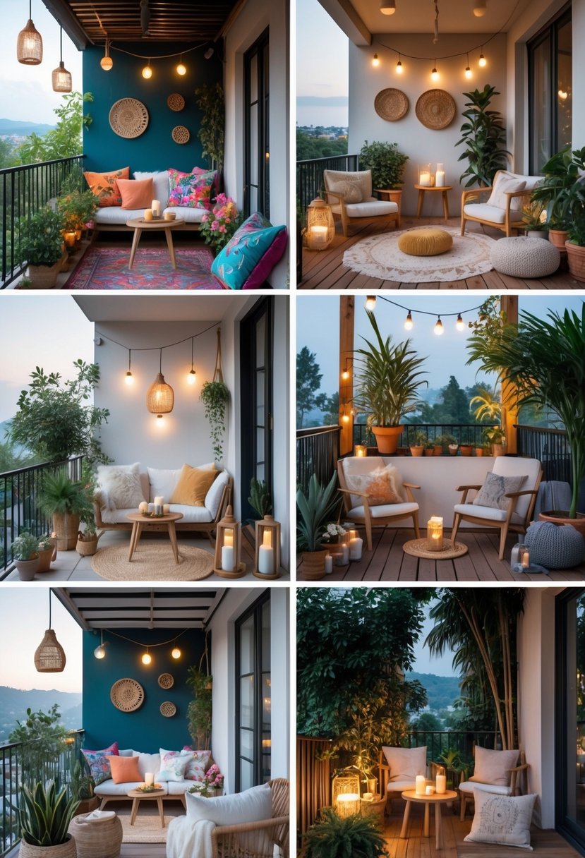 Six different cozy balcony setups featuring comfortable seating, plants, and warm lighting.