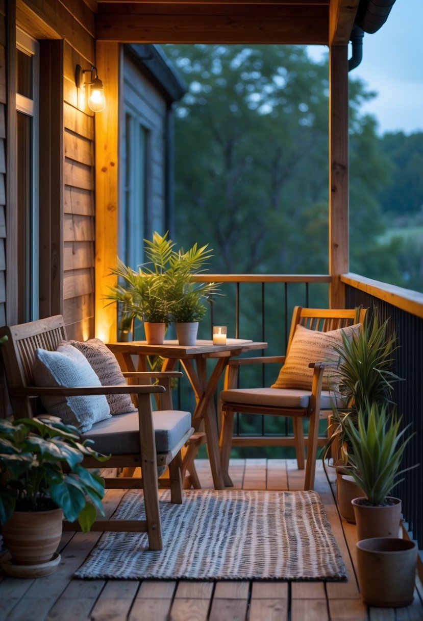 A cozy balcony with wooden furniture, warm lighting, and potted plants creating a relaxing outdoor space.