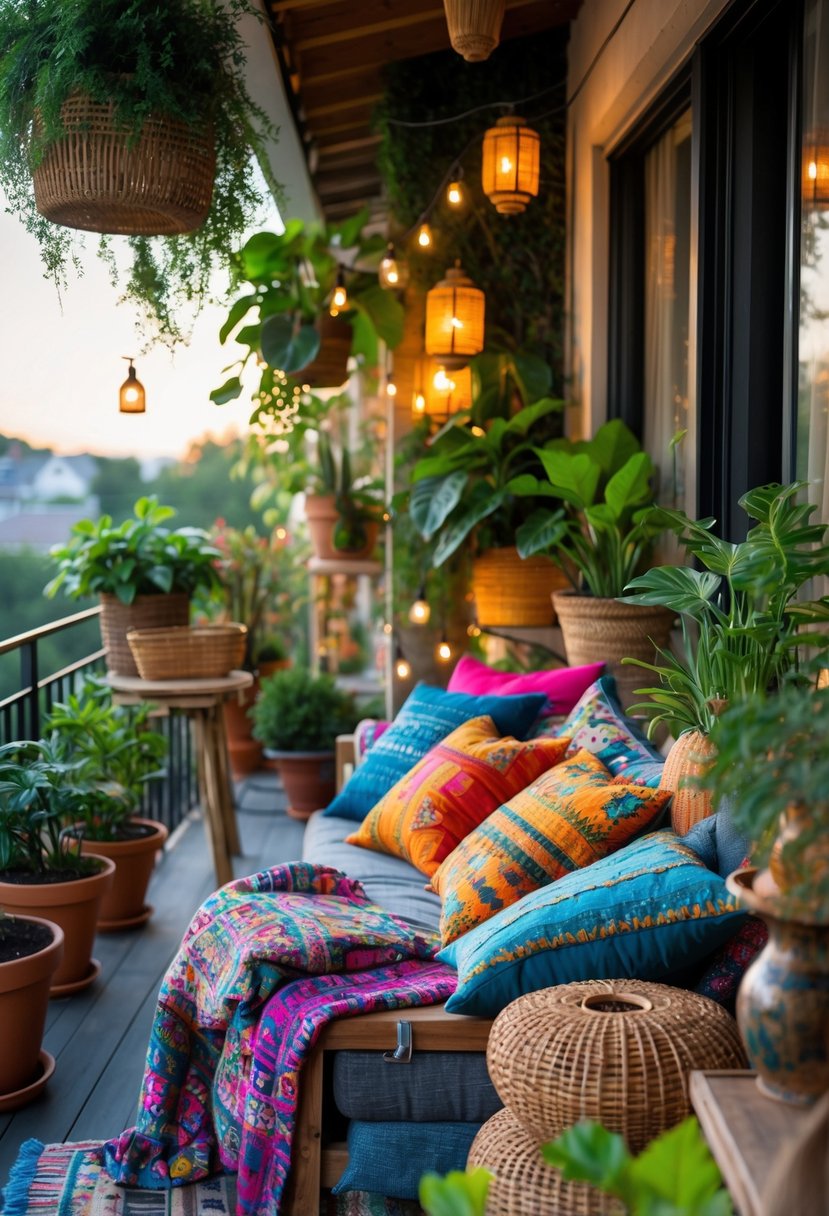 A cozy balcony with colorful cushions, plants, wooden furniture, and warm lighting creating an inviting outdoor space.