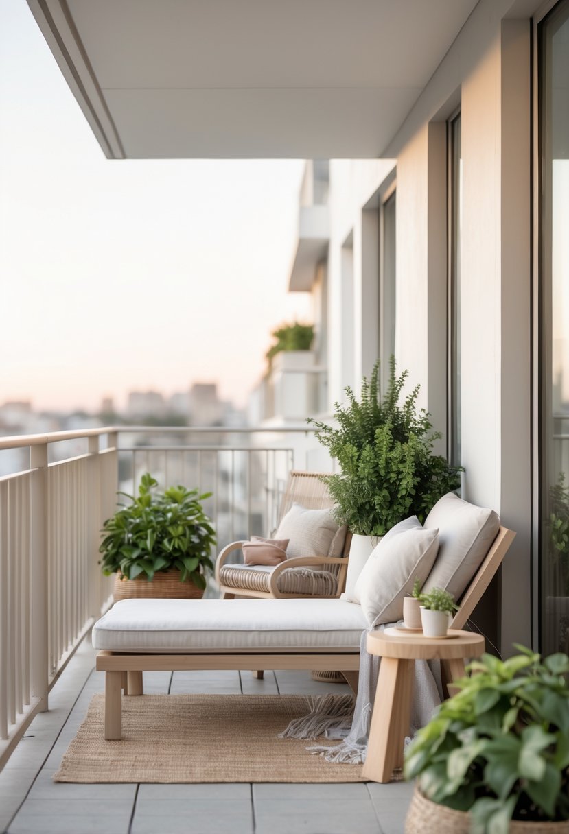 A cozy balcony with a lounge chair, side table, and potted plants, bathed in natural light.