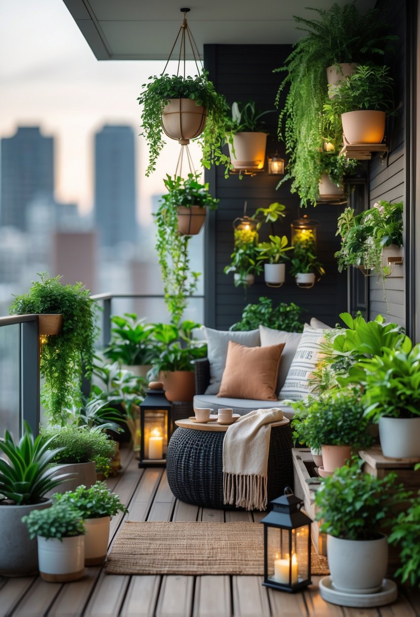 A cozy urban balcony filled with abundant plants and greenery, arranged with comfortable seating and decorative elements.