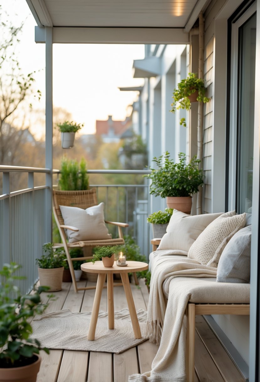 A cozy balcony with wooden furniture, soft cushions, potted plants, and natural light creating a warm and inviting outdoor space.