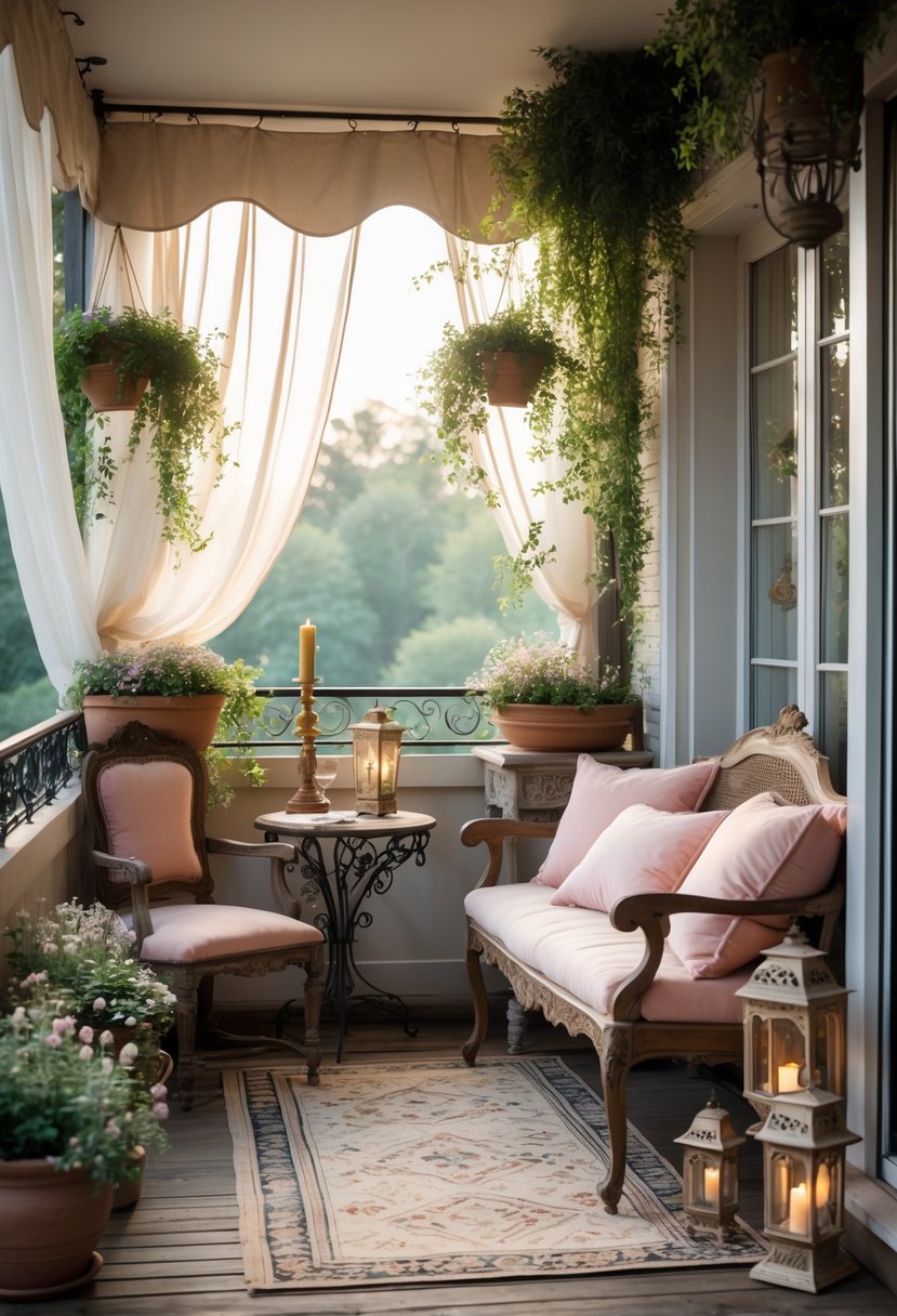 A cozy balcony with antique furniture, soft cushions, potted plants, and warm natural light creating a comfortable outdoor seating area.