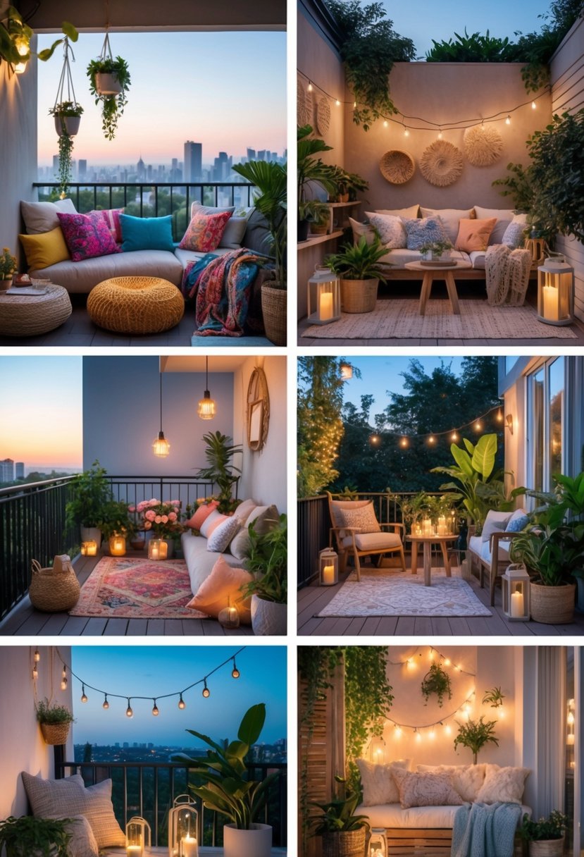 Six different cozy balconies each with comfortable seating, plants, soft lighting, and decorative elements, showcasing a variety of inviting outdoor living spaces.