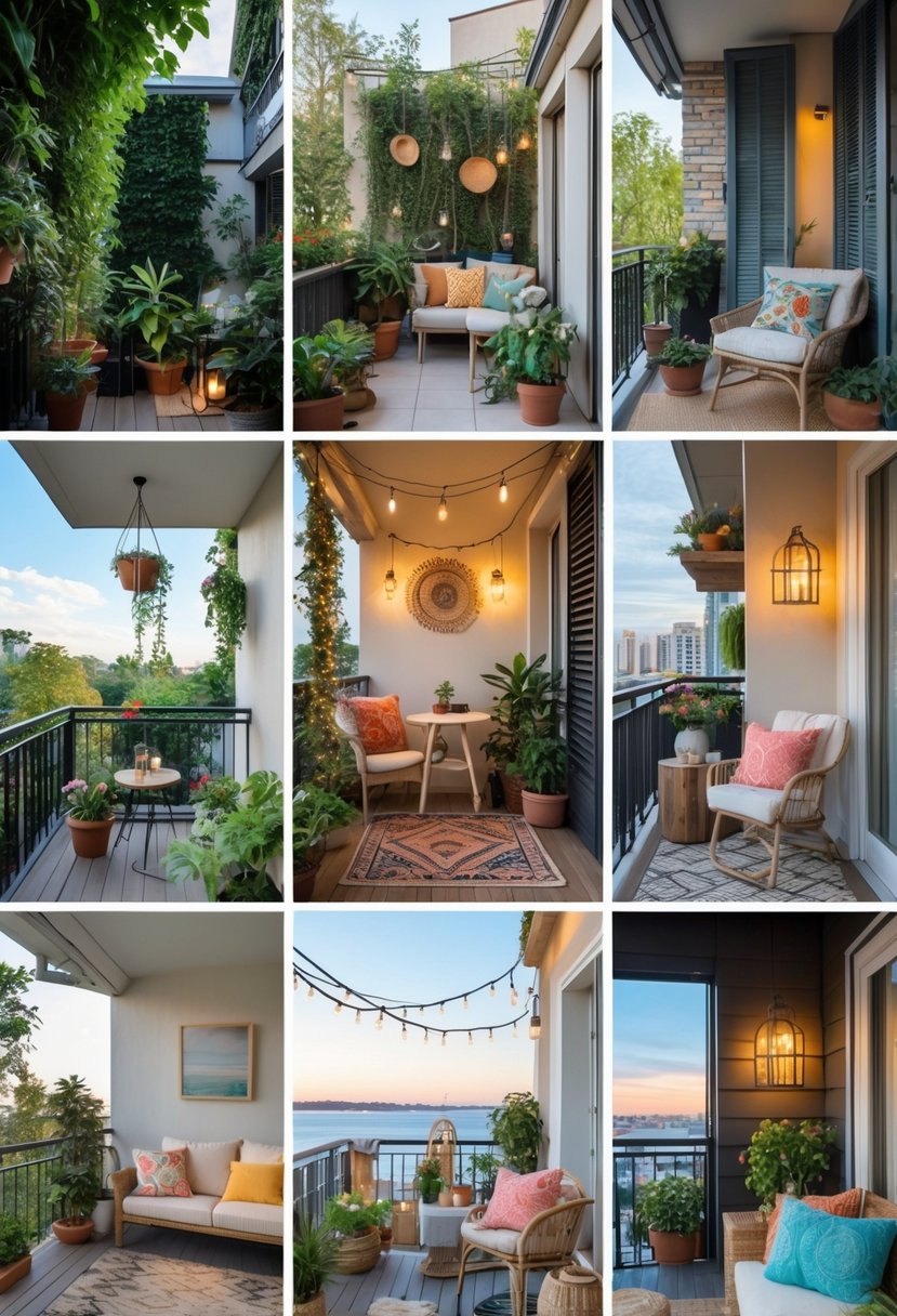 Six small balconies each decorated differently, featuring plants, seating, and cozy decor to maximize limited outdoor space.
