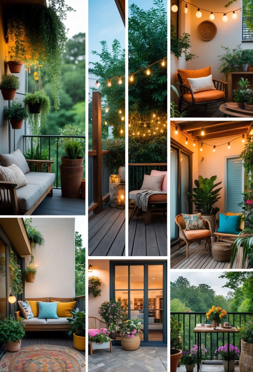 Six different cozy balcony designs featuring plants, comfortable seating, string lights, wooden furniture, colorful textiles, and a small dining setup.