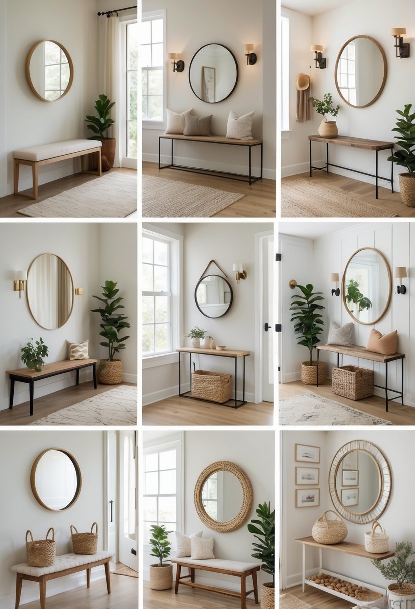 Seven different small entryways with benches, hooks, shelves, mirrors, and plants arranged in a bright indoor setting.