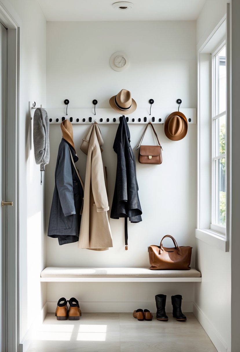 A small entryway with wall-mounted hooks holding coats and bags, a bench with shoes underneath, and a bright, uncluttered space.