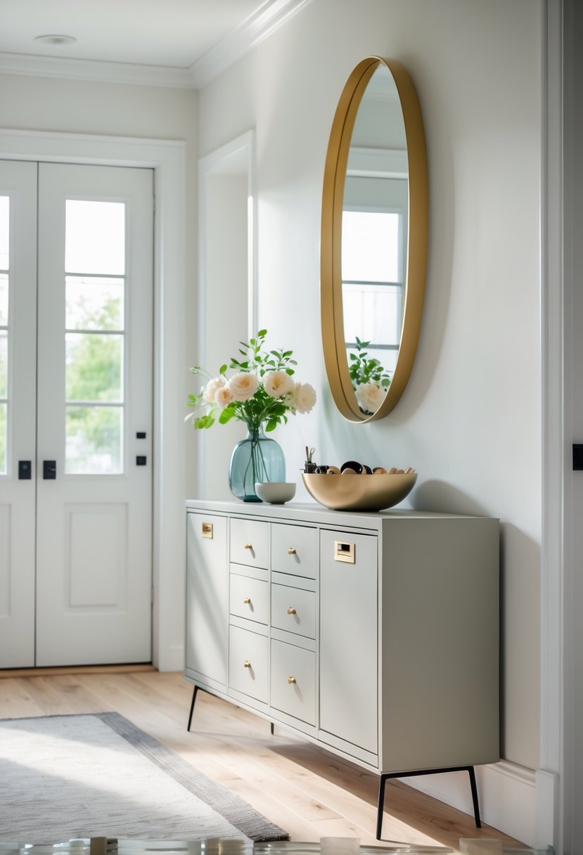 Slim console table with built-in storage in a bright entryway with decorative items and a mirror above.