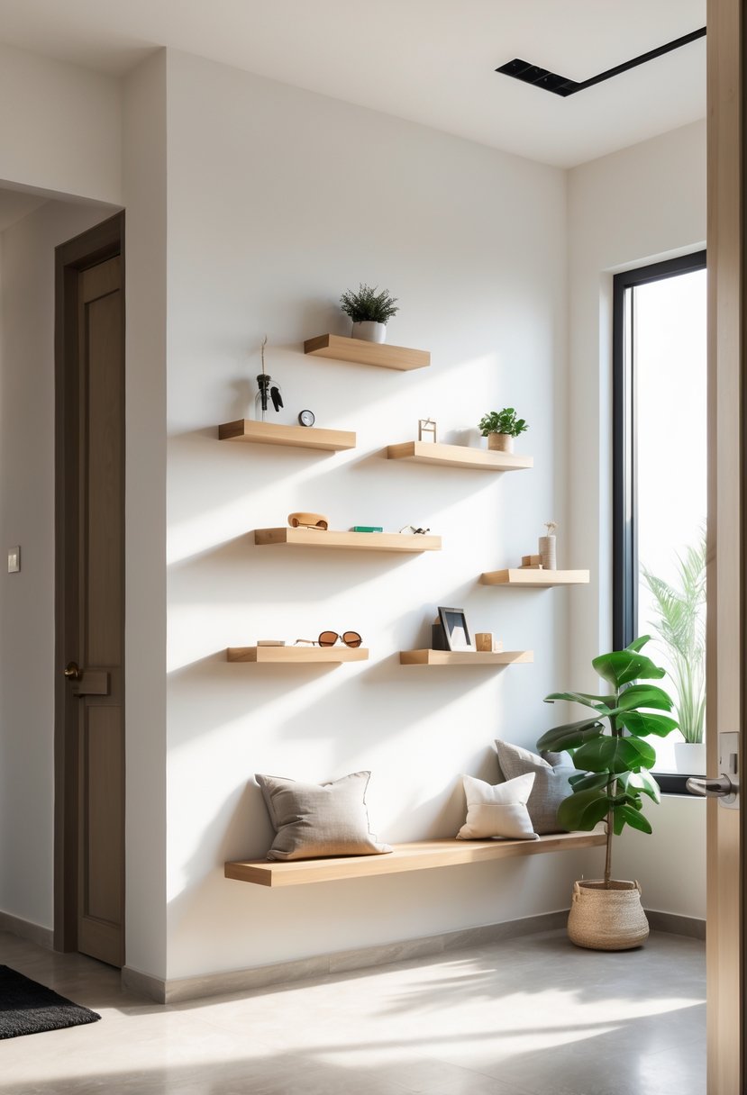 A tidy entryway with seven small floating shelves holding keys and small items above a bench with cushions and a potted plant nearby.