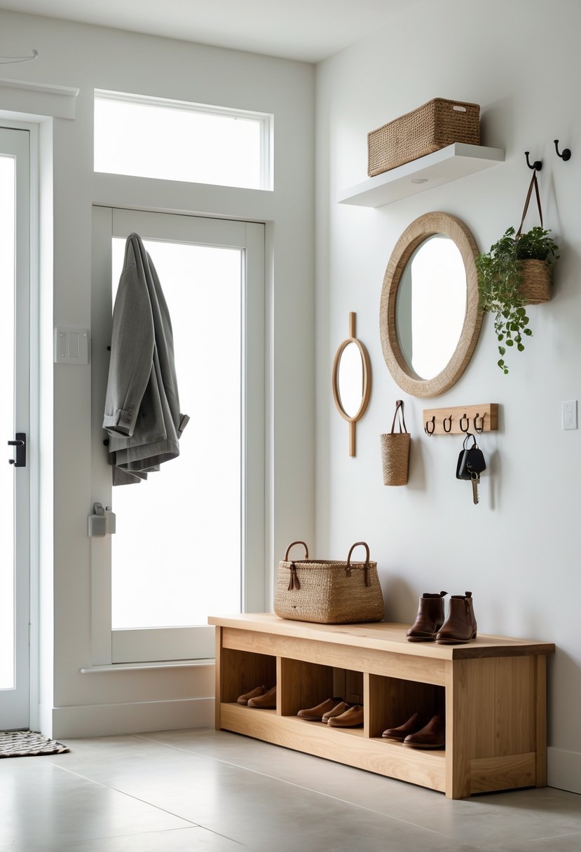 A narrow wooden bench with shoe storage underneath in a bright entryway surrounded by small organization ideas like wall hooks, a mirror, a plant, a basket, an umbrella stand, and a key tray.