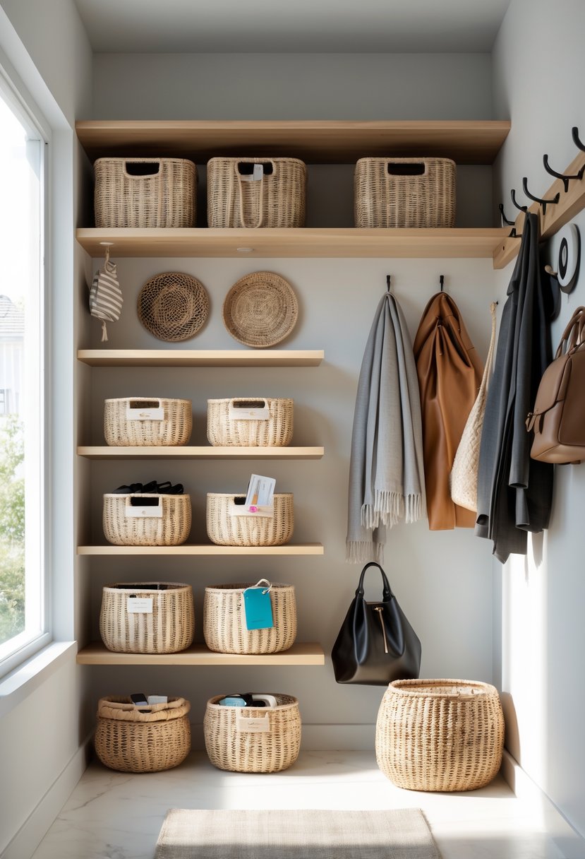 A small entryway with wooden shelves holding woven baskets used for organized storage, coats hanging on wall hooks, and natural light coming through a window.