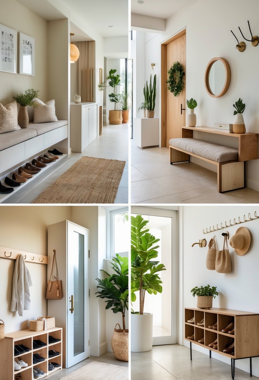 Seven different small entryways featuring various storage and design ideas in a bright indoor setting.