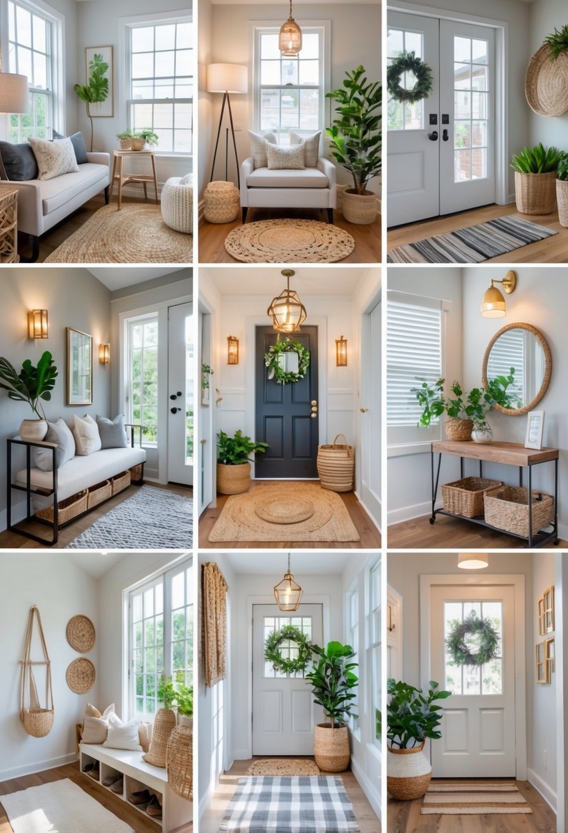 Seven small entryways arranged side by side, each with cozy seating, storage, lighting, plants, and decorative elements creating inviting and functional spaces.