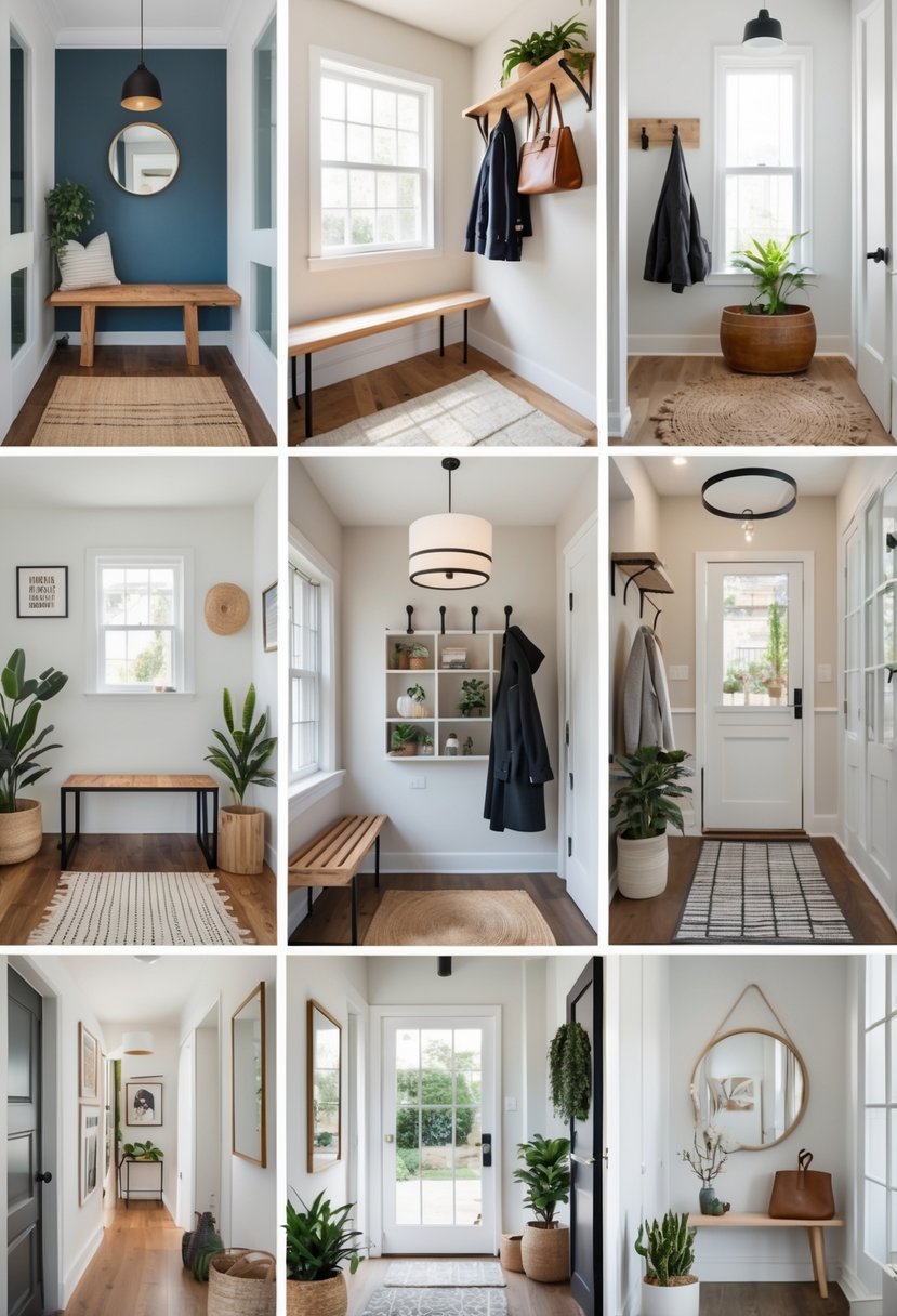 Seven different small entryways with compact furniture, wall hooks, mirrors, rugs, and plants arranged to show various design ideas.