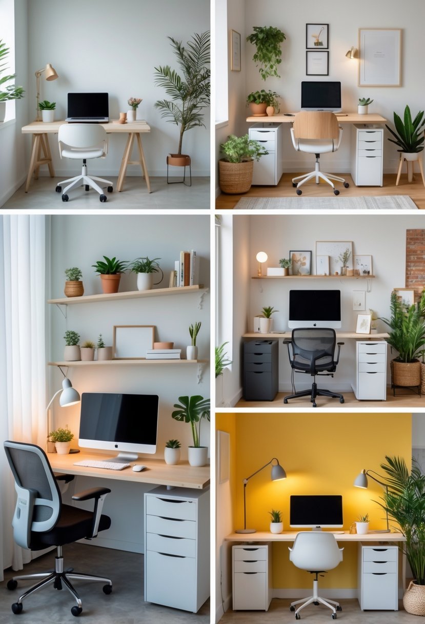 Five different small home office setups with desks, chairs, computers, and decor arranged neatly in a bright room.