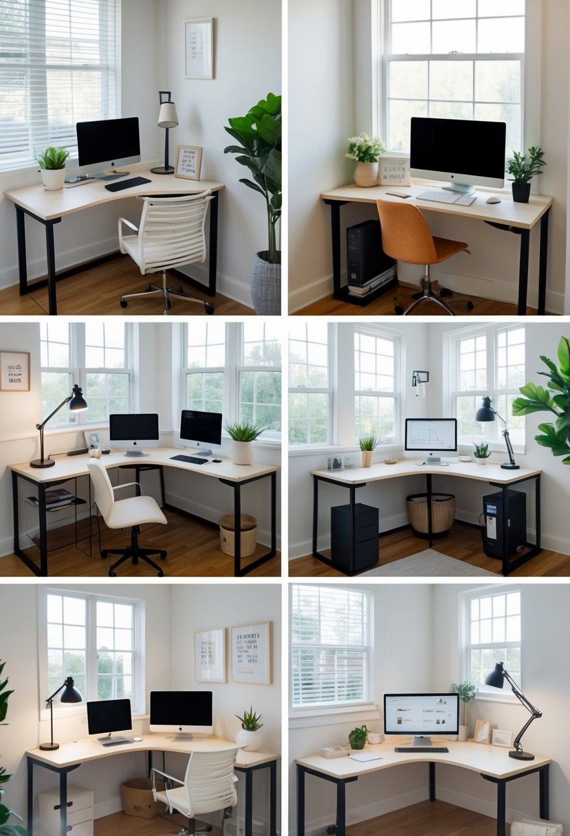 Five small home office setups with L-shaped desks arranged in corner spaces, each featuring office equipment and chairs in neat, compact rooms.