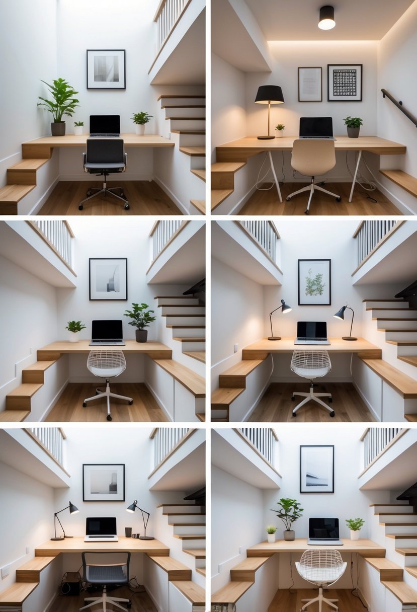 Five small home office setups arranged under a staircase, each with a desk, chair, and office supplies in a compact space.