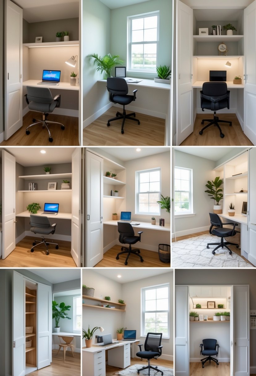 Five small home office setups created by converting closets into functional workspaces, each with a desk, chair, shelves, and organized accessories.