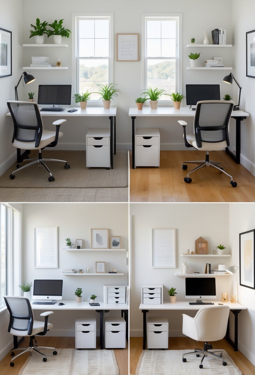 Five small shared office layouts each with dual workstations featuring desks, chairs, computers, and office accessories in bright, organized spaces.
