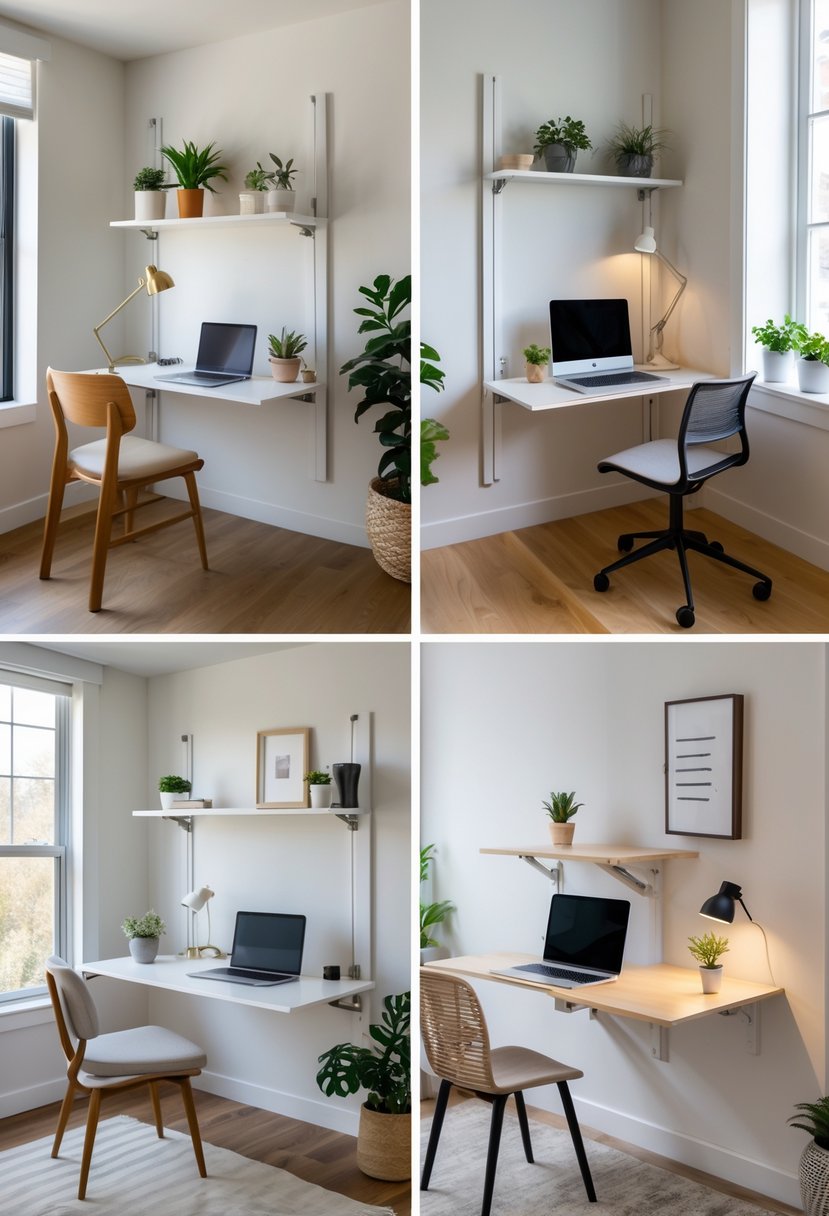Five small home office setups with wall-mounted fold-away desks, chairs, computers, and plants arranged neatly in bright rooms.