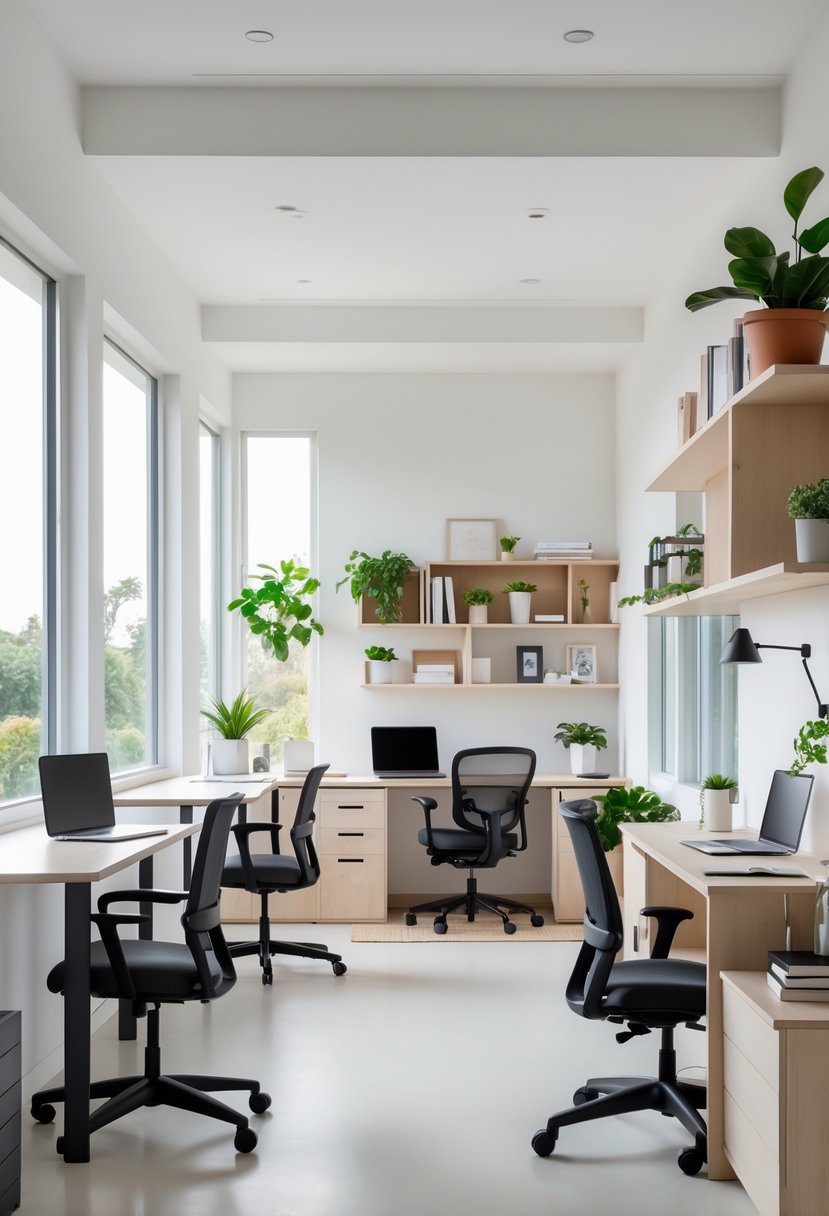 Five different small home office layouts with desks, chairs, shelves, and natural light arranged side by side.