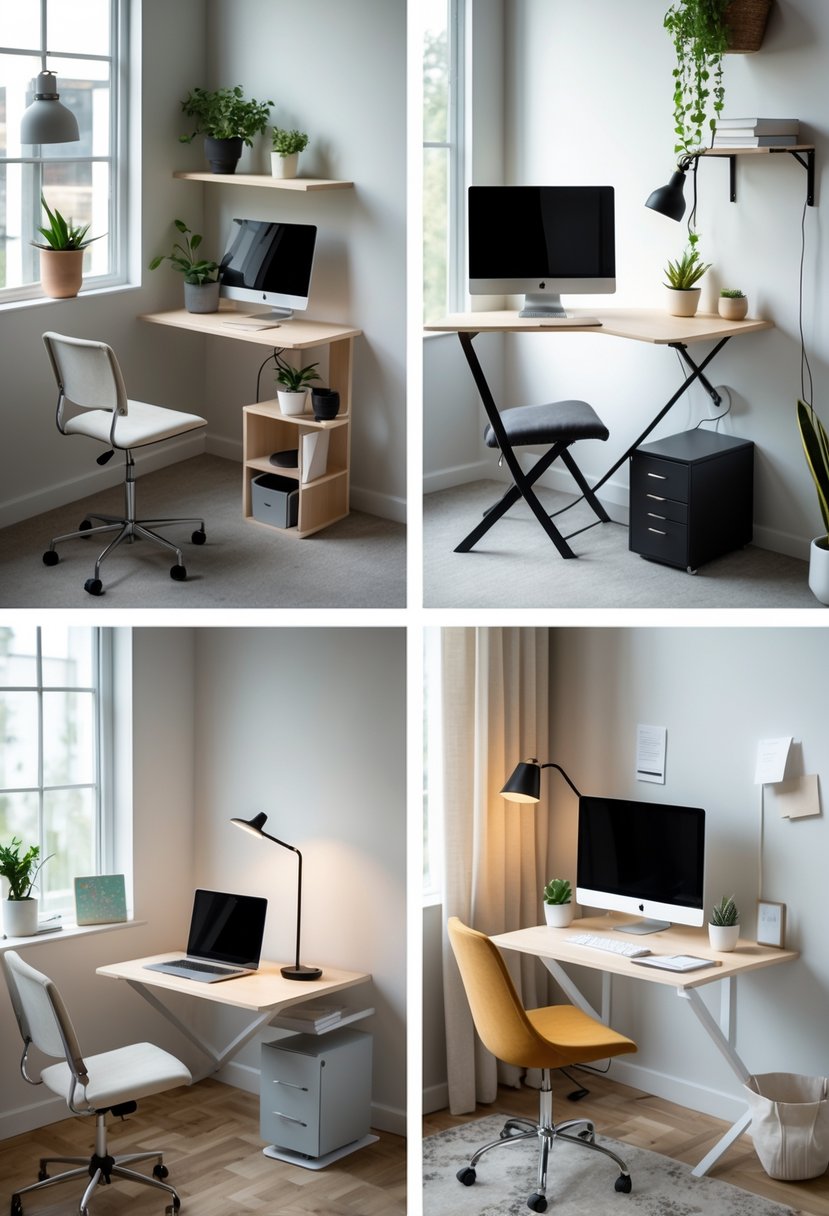 Five different small home office setups with desks, chairs, computers, and plants arranged neatly in a bright room.