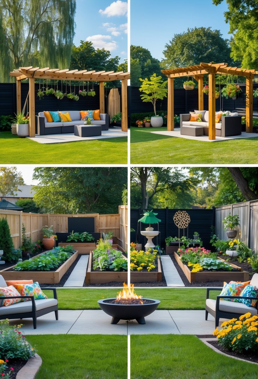 A backyard featuring outdoor furniture, a pergola with hanging plants, a vegetable garden, a fire pit, garden sculptures, and a water feature surrounded by grass and trees.