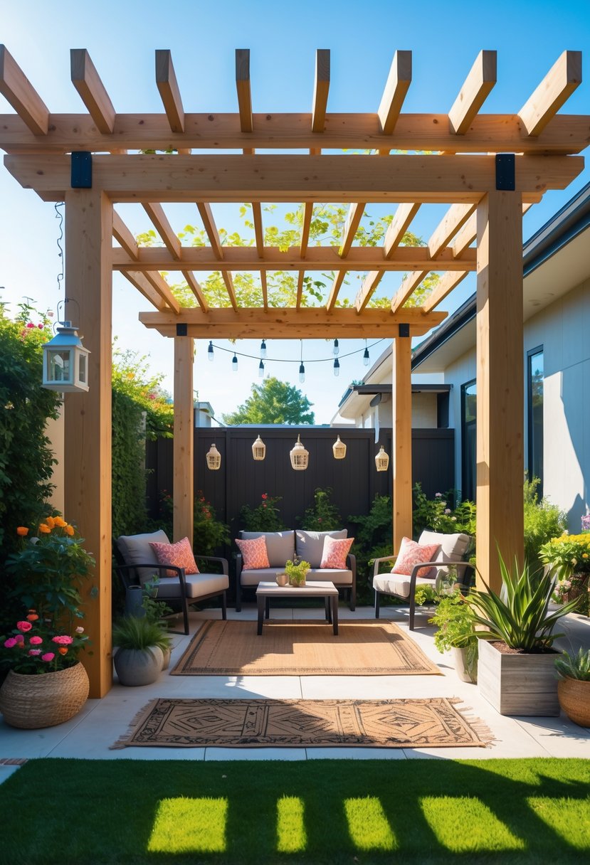 Backyard with a wooden pergola providing shaded seating surrounded by plants and outdoor decorations.