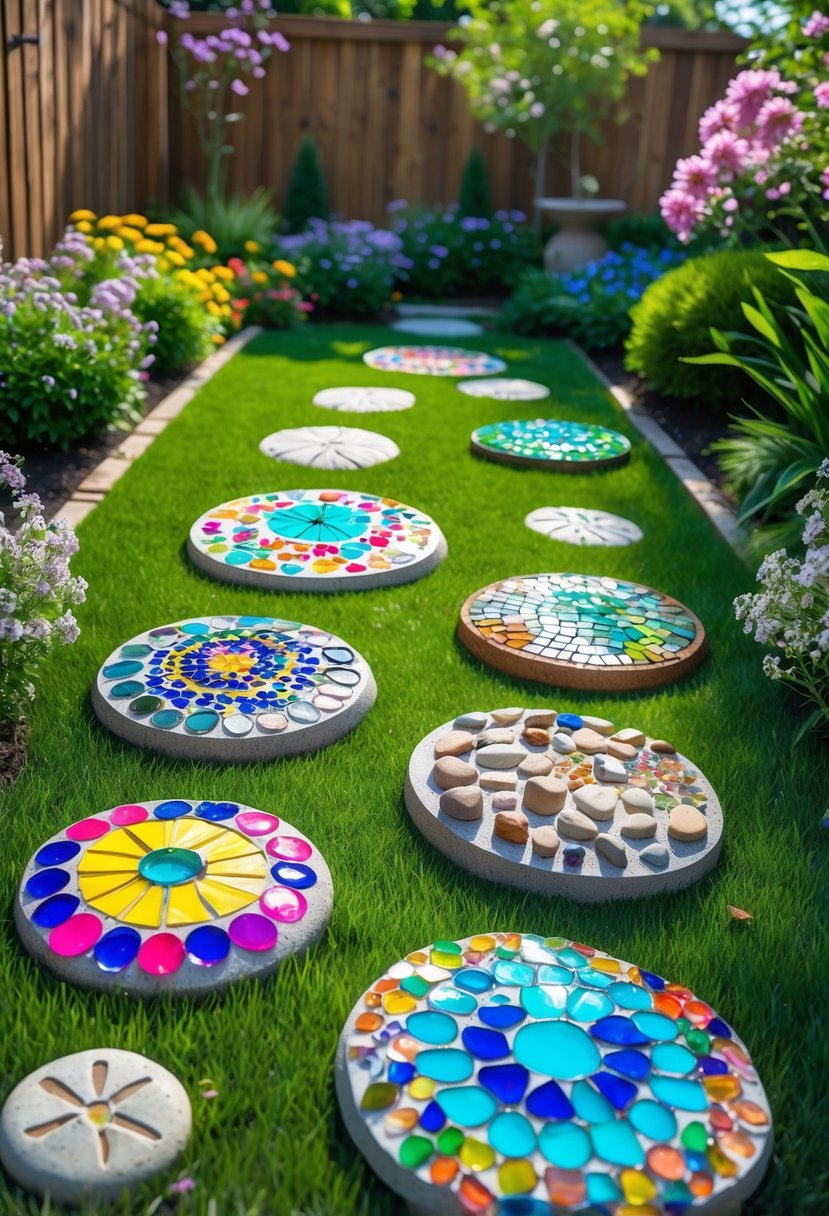 A backyard garden with six colorful and creatively decorated DIY stepping stones arranged on green grass surrounded by flowers and plants.