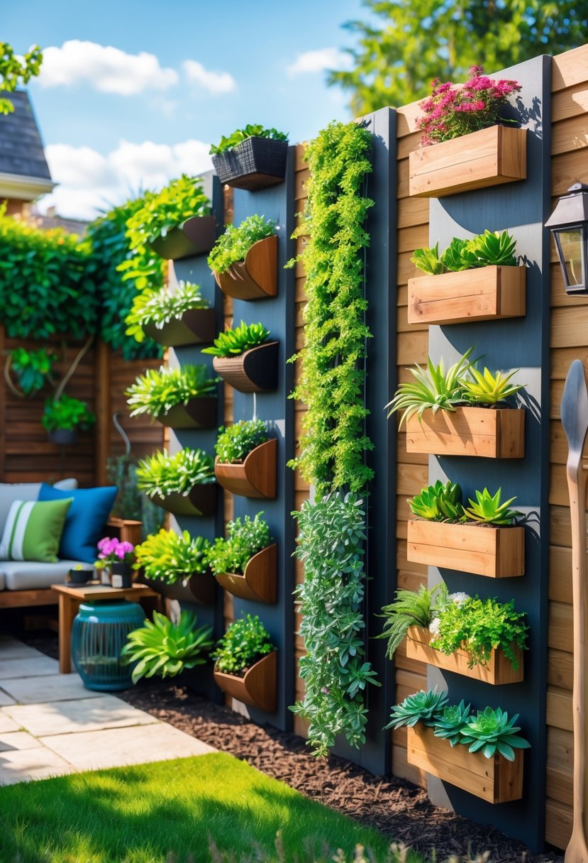 Backyard with six different vertical garden wall planters filled with various green plants and flowers arranged on a wooden fence.