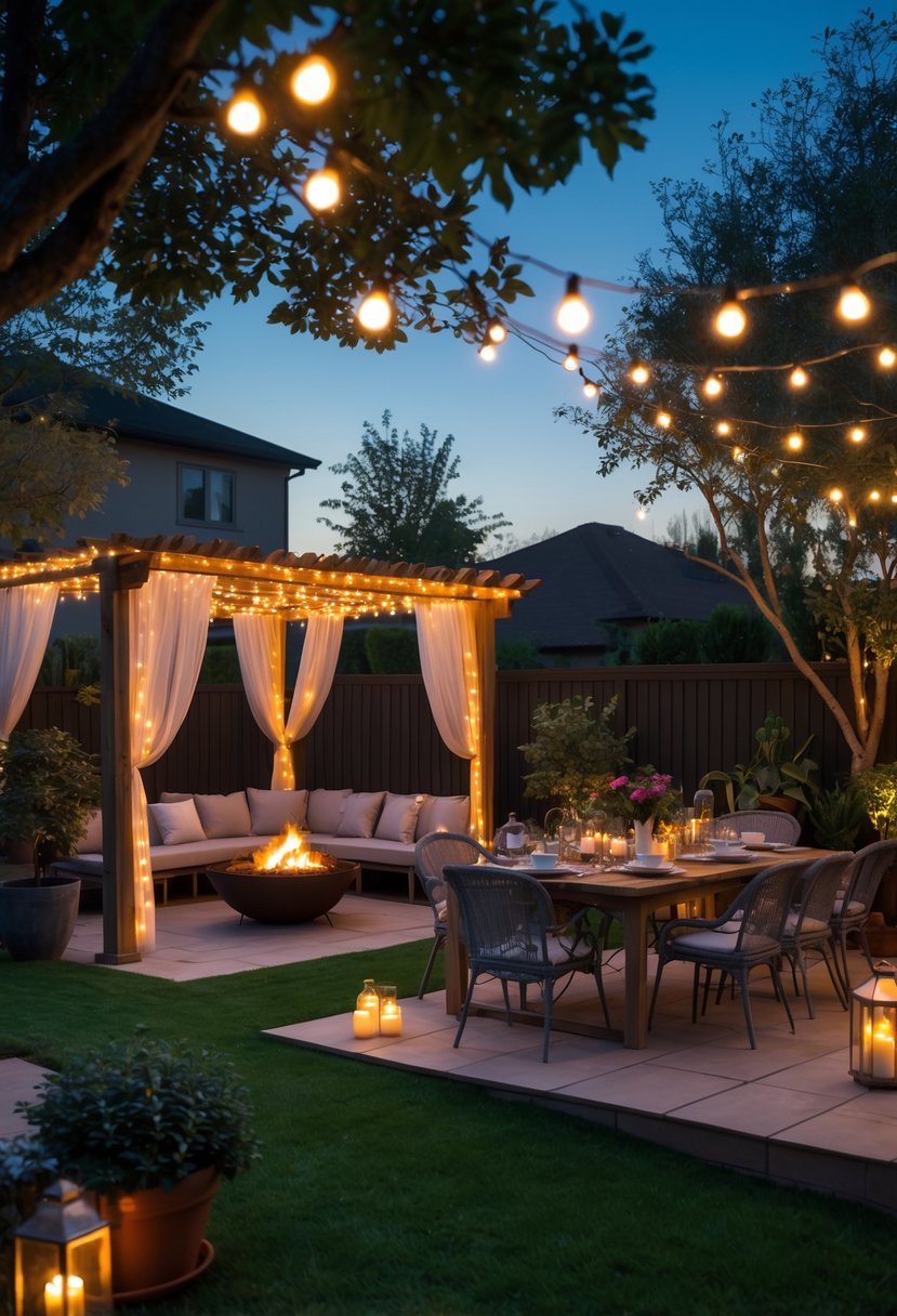 Evening backyard scene with string lights, seating area, fire pit, pergola, dining table, plants, lanterns, and hammock.