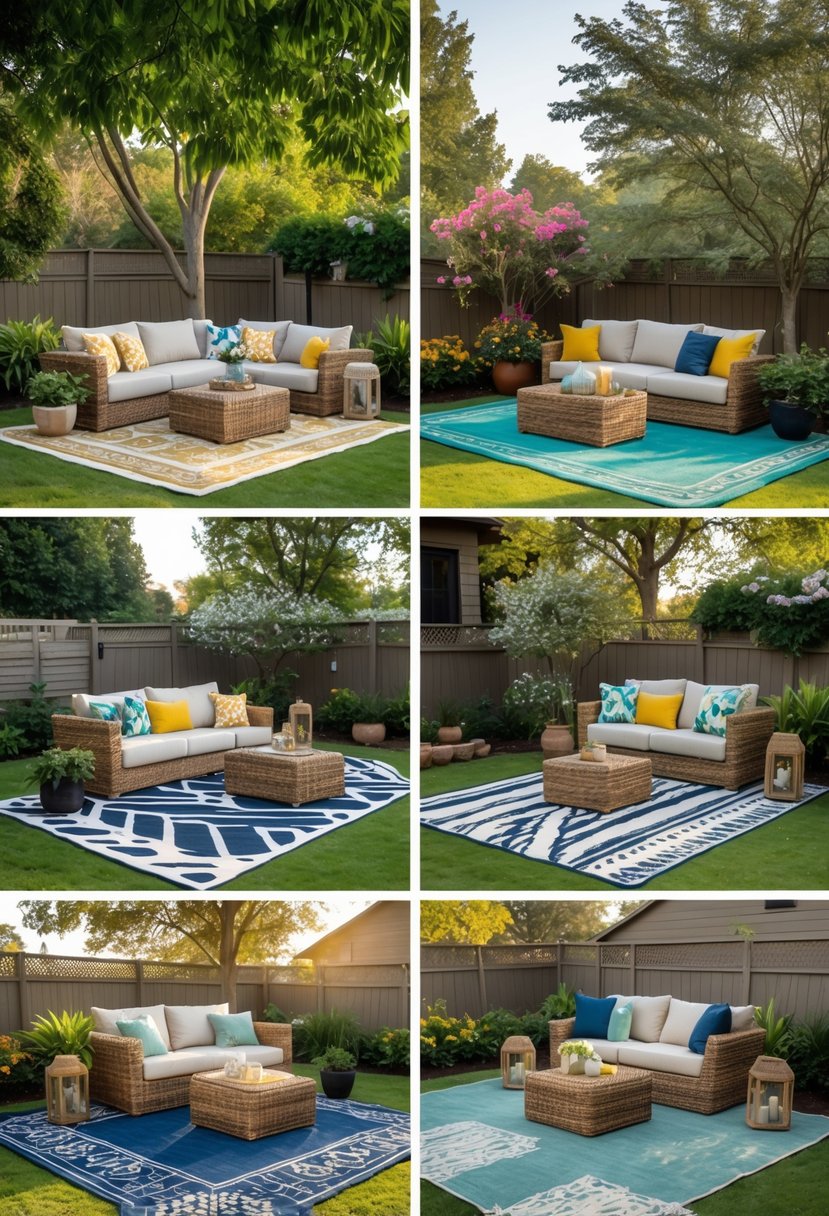 Backyard with six separate lounging areas defined by colorful outdoor rugs, each featuring outdoor furniture and surrounded by greenery.